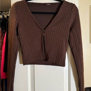 Brown Ribbed V-Neck Blouse